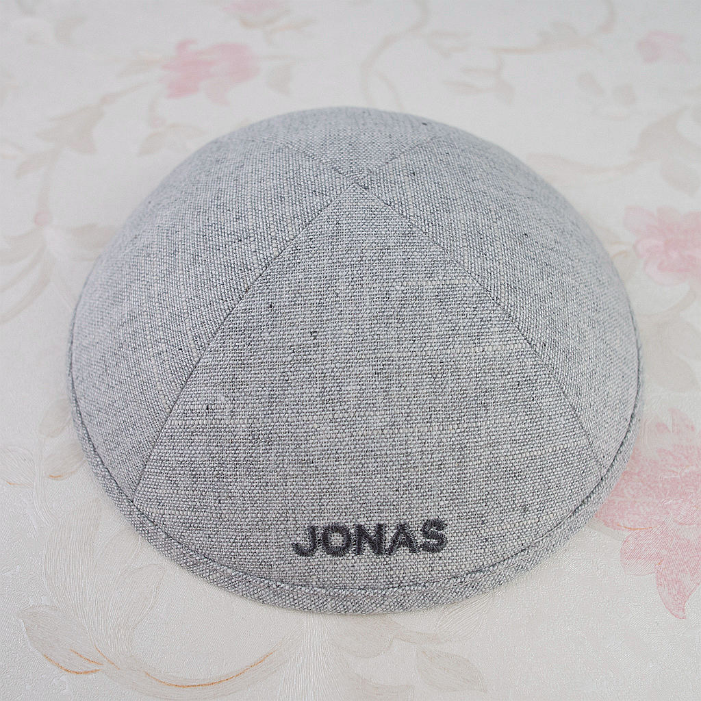 Linen Kippot, Kippah, Yarmulkes Lt Grey Embroidery - Kippot Pro