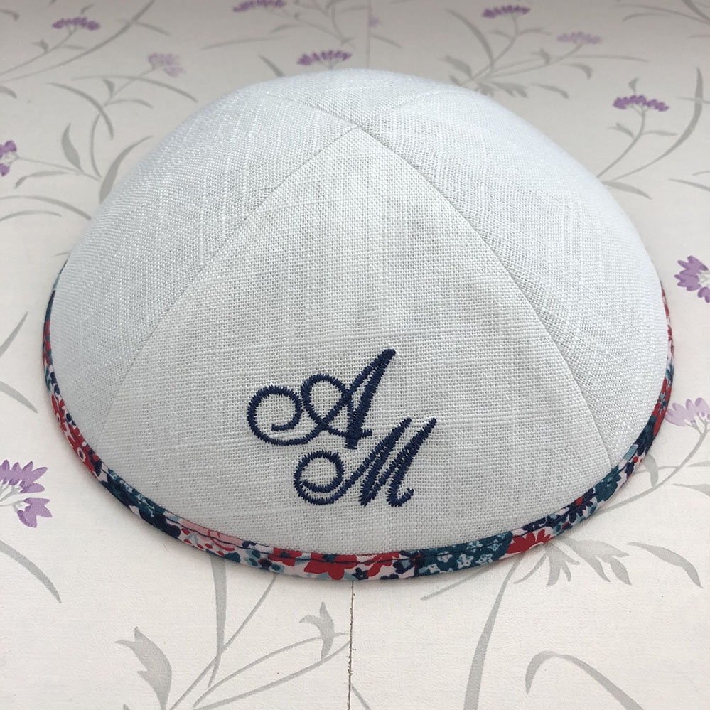 Bulk Quantity of White Linen Kippah with Elephant Heart Embroidery| Built outlets in clip and white interior lining | 20 Kippahs