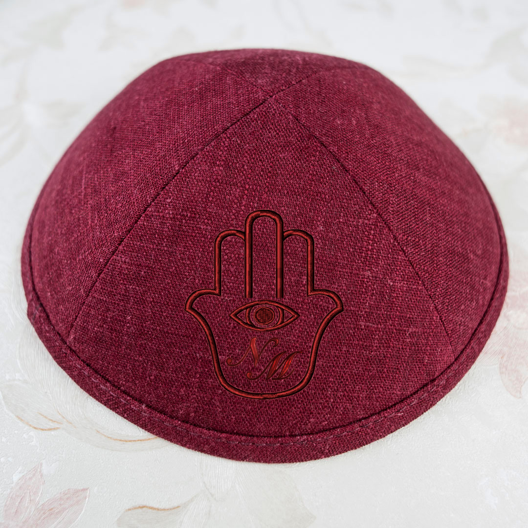 Linen Kippah with Jacquard Floral Satin, Embroidery logo, wedding