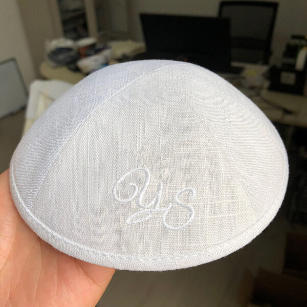 Bulk Quantity cheapest of White Linen Kippah with Elephant Heart Embroidery| Built in clip and white interior lining | 20 Kippahs