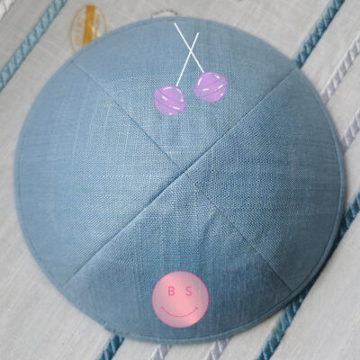 sky blue linen kippah with 2 logos (for Sandy)