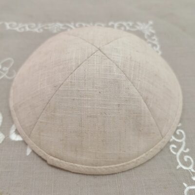 Beige Color linen kippah, with customized Digital print kippot for wedding, yarmulke for Bat Mitzvah and Bar Mitzvah