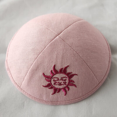 Pink Linen Kippot With logo for wedding, bat mitzvah, bar mitzvah kippah