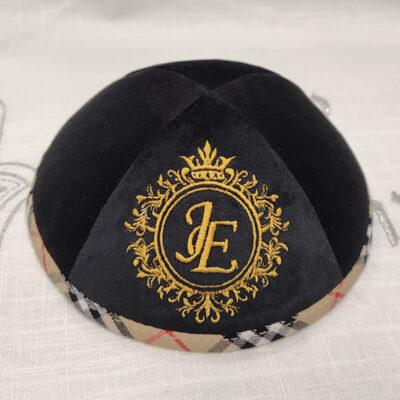Black Velvet Kippot Customized Logo Wedding Kippah Yarmulka Skullcap Plaid Trim