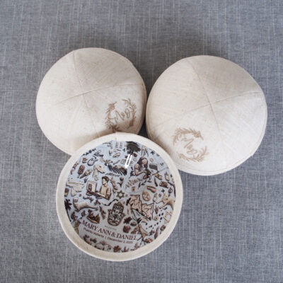 Custom linen Jewish kippah, round cap, wedding prayer cap