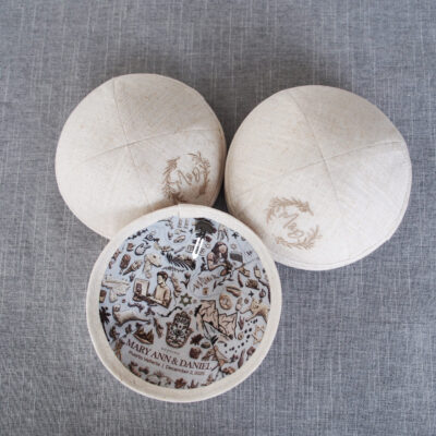 Custom linen Jewish kippah, round cap, wedding prayer cap