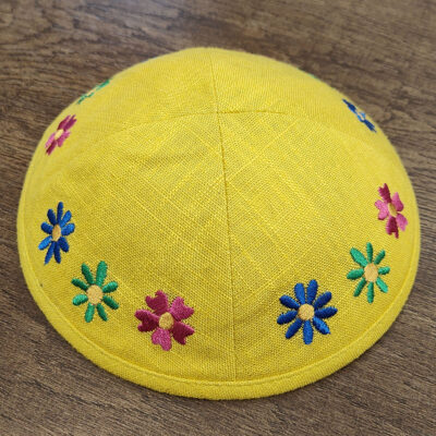 4 Side Small Flower Chain Embroidery linen kippah-Ginger